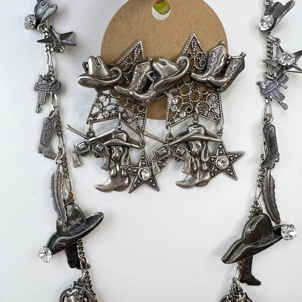 La Contessa Mary DeMarco Western Cowgirl Charm Silver Tone Necklace AND Earrings - Picture 13 of 13